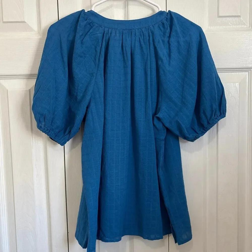 NWT Loft Women's Royal Blue Short Puff Sleeve V-Neck Top